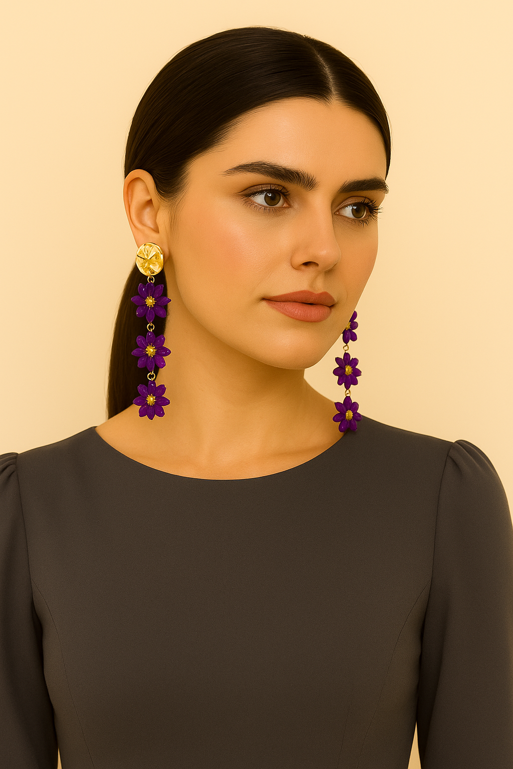 Pendientes Largos Triple Cristales Color · Flores Morado