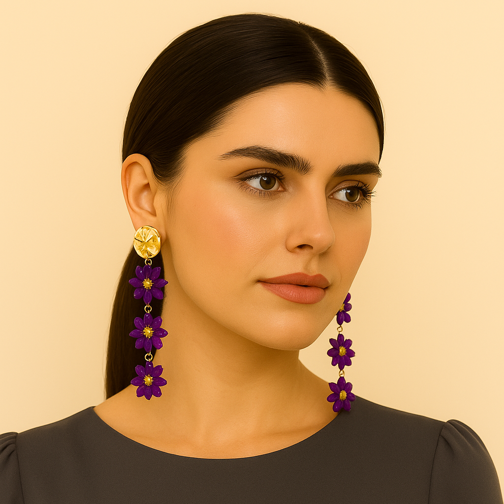 Pendientes Largos Triple Cristales Color · Flores Morado