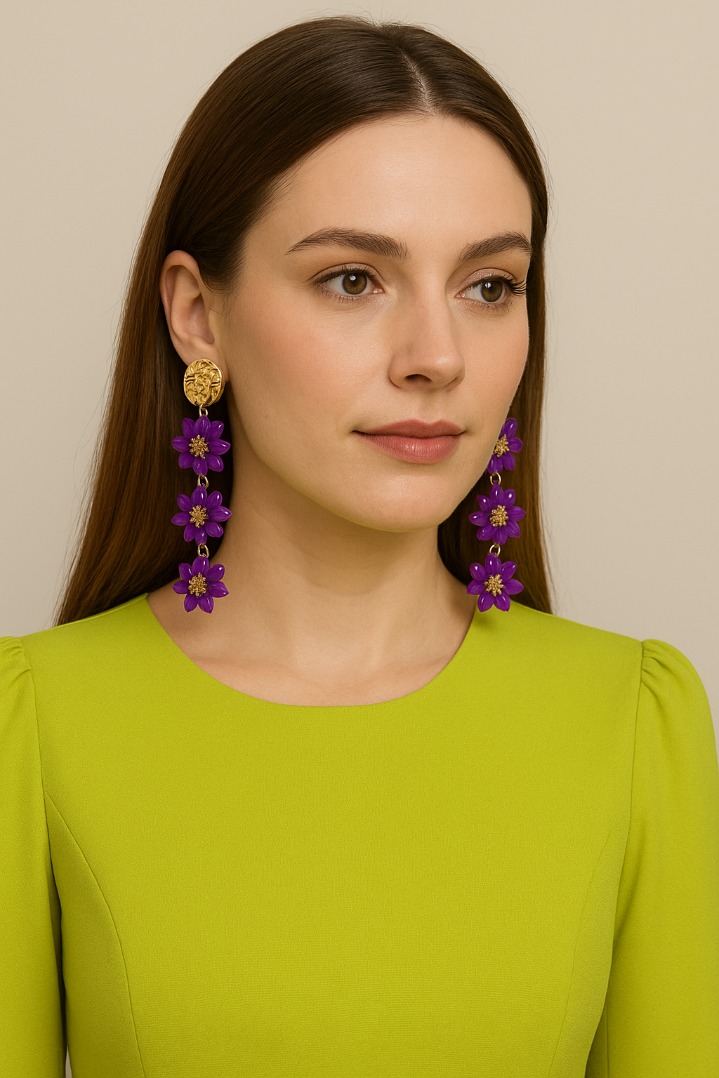 Pendientes Largos Triple Cristales Color · Flores Morado