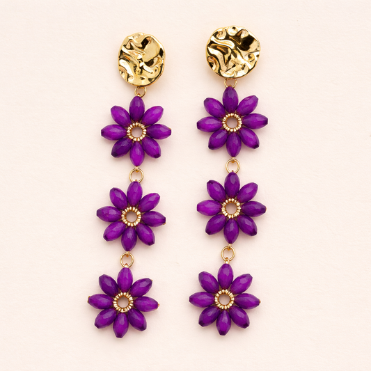 Pendientes Largos Triple Cristales Color · Flores Morado