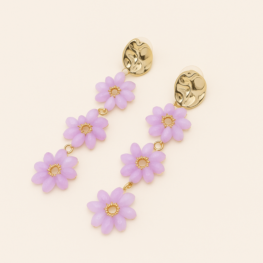 Pendientes Largos Triple Cristales Color · Flores Malva