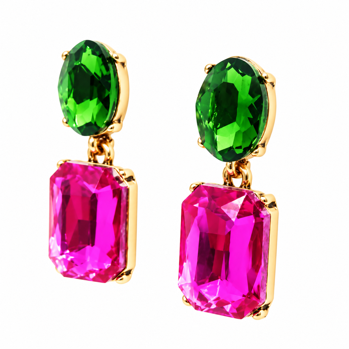 Pendientes Cristales Facetados Brillantes · Verde Bosque Fucsia