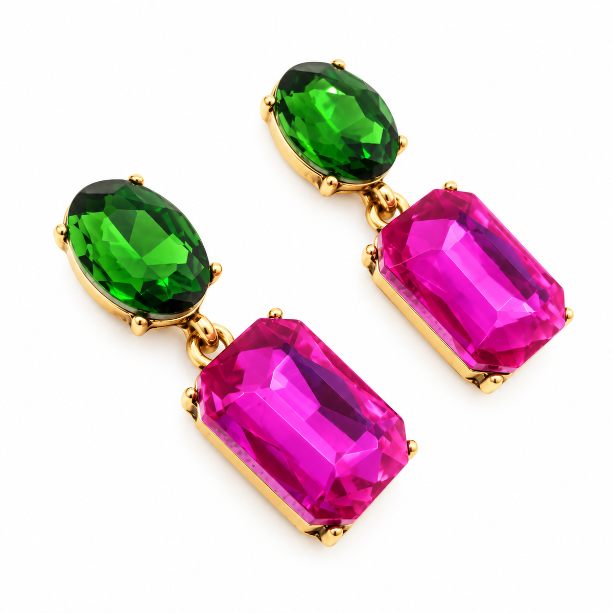 Pendientes Cristales Facetados Brillantes · Verde Bosque Fucsia