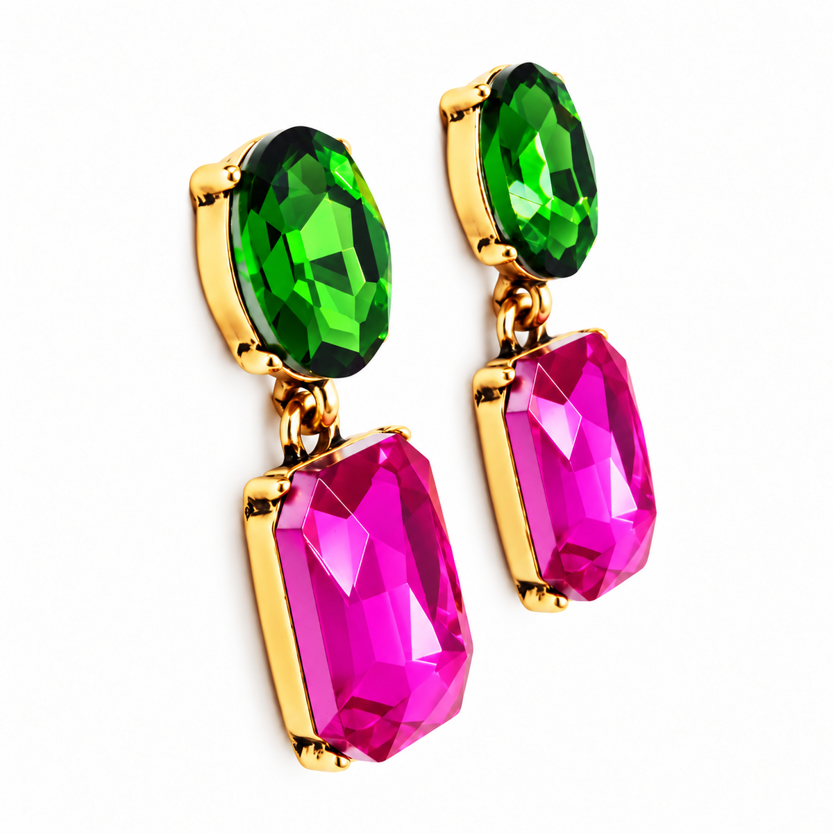 Pendientes Cristales Facetados Brillantes · Verde Bosque Fucsia