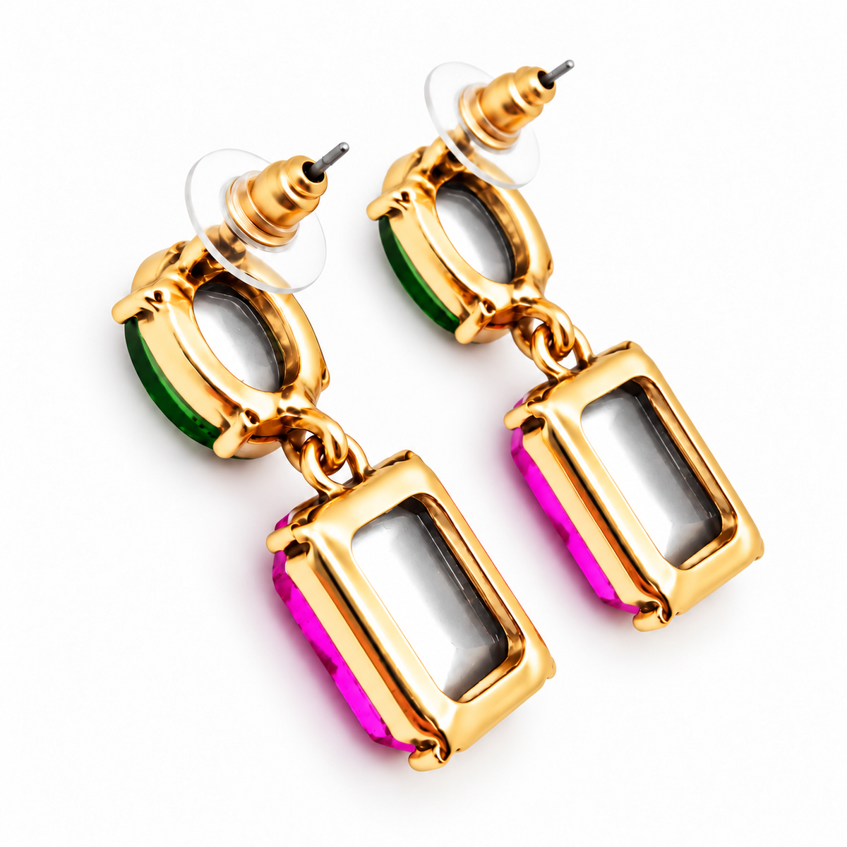 Pendientes Cristales Facetados Brillantes · Verde Bosque Fucsia