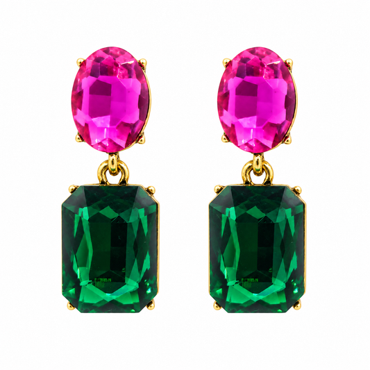 Pendientes Cristales Facetados Brillantes · Fucsia Verde
