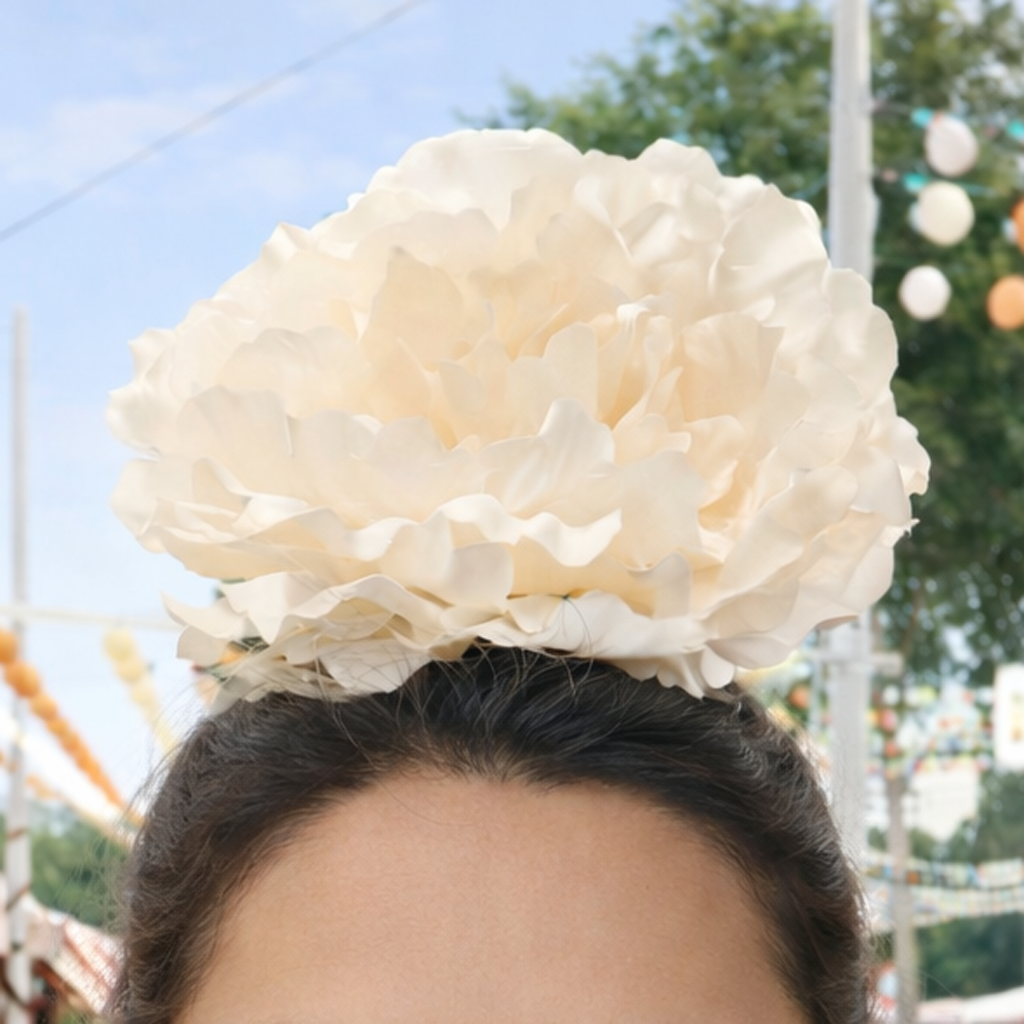 Flor Flamenca Peonía Grande para Pelo · Marfil Ø17 cm