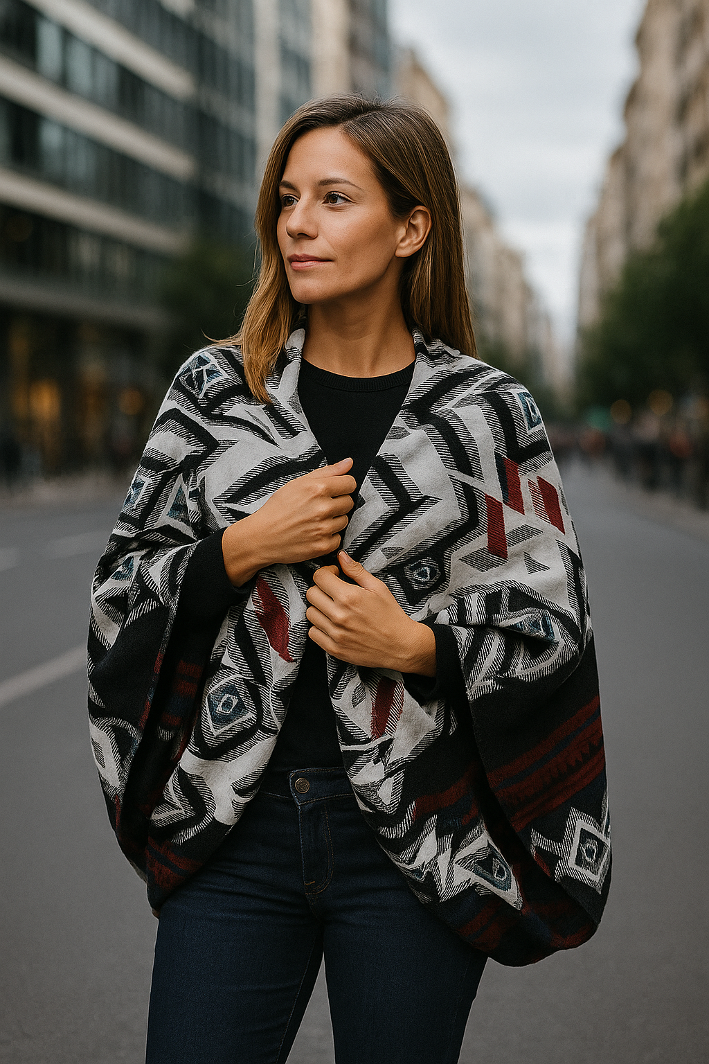 Poncho Abierto Reversible de Punto · IKAT/Negro (últimas unidades!)
