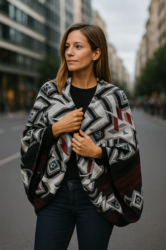 Poncho Abierto Reversible de Punto · IKAT/Negro (últimas unidades!)