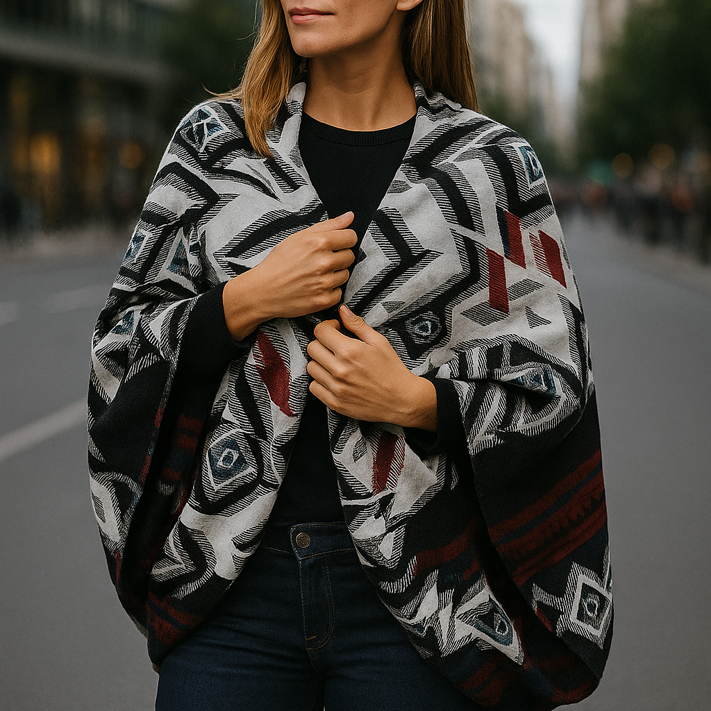 Poncho Abierto Reversible de Punto · IKAT/Negro (últimas unidades!)