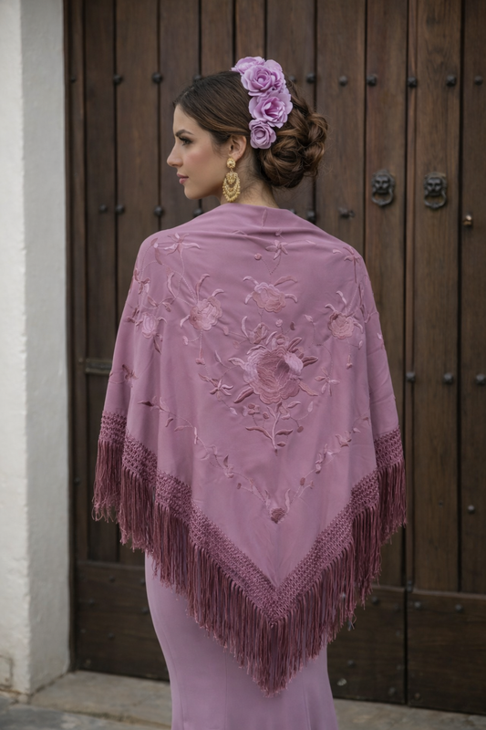 Mantón Flamenco Grande Bordado · Malva Monocolor Gran Flor (160 x 85 cm) | Edición Limitada