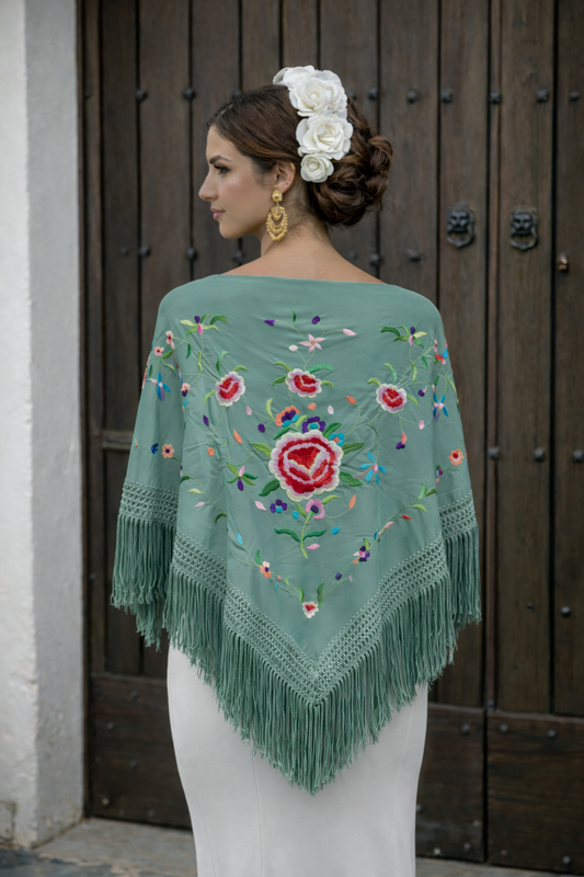 Mantón Flamenco Grande Bordado · Verde Jabonoso Multicolor Gran Flor (160 x 85 cm)