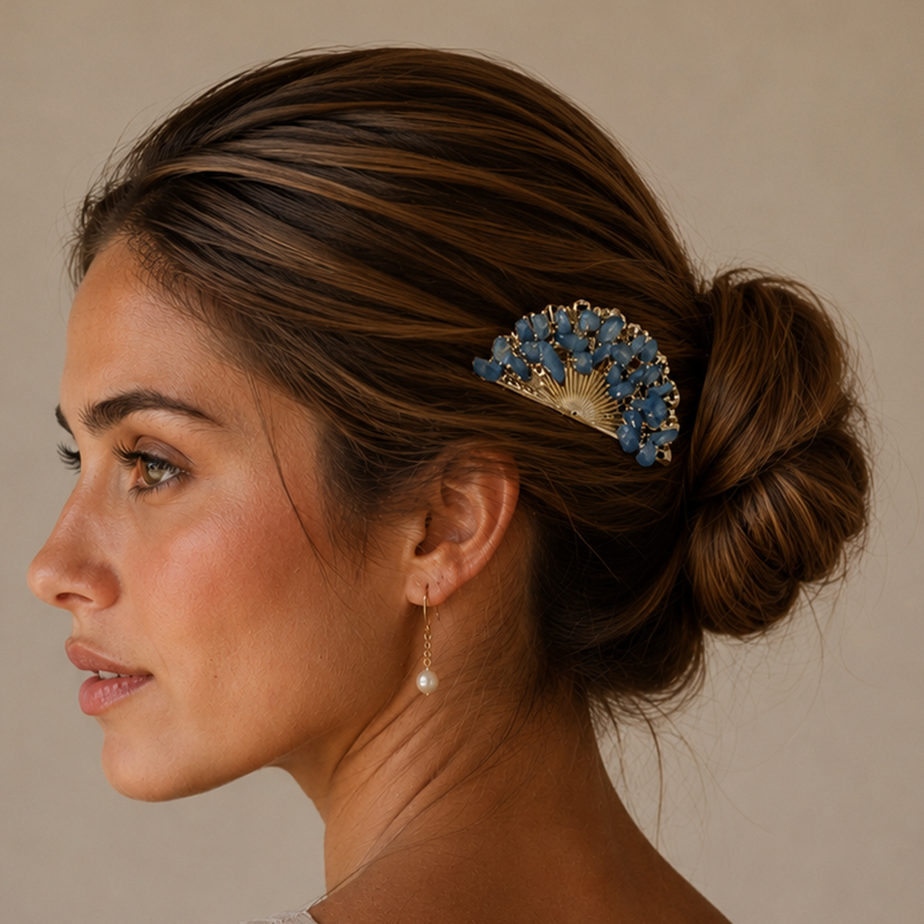 Peineta Dorada de Abanico con Piedras Naturales para Pelo | Adorno Elegante, Azul Marino