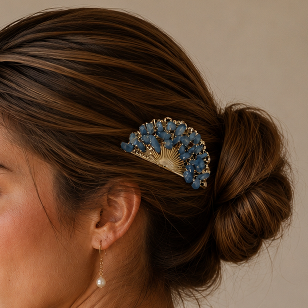 Peineta Dorada de Abanico con Piedras Naturales para Pelo | Adorno Elegante, Azul Marino
