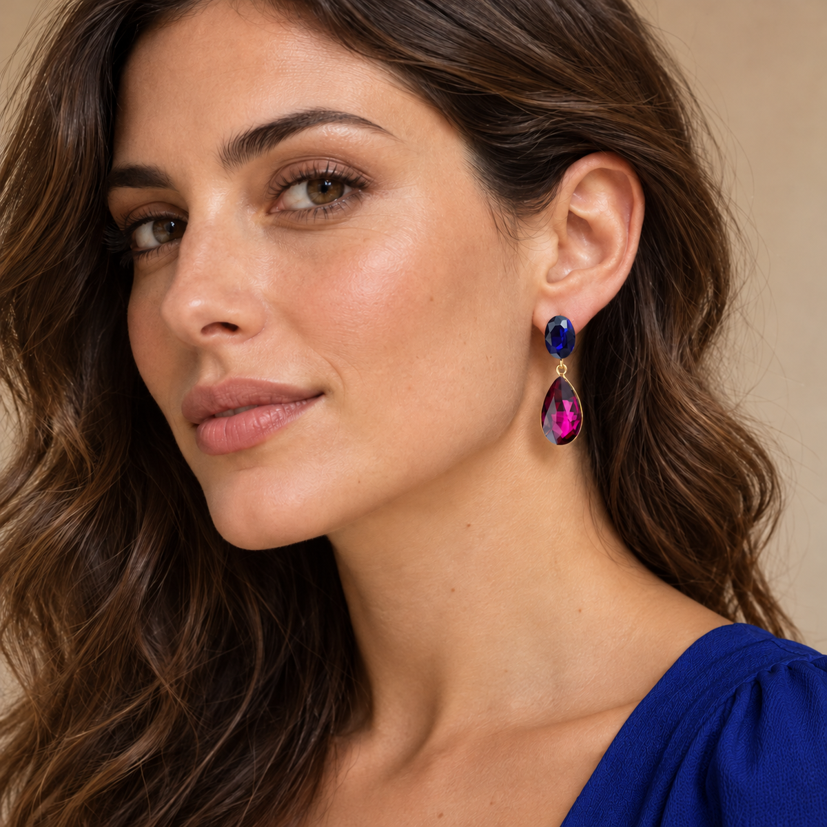 Pendientes Cristales Brillantes Lágrima · Azul Fucsia