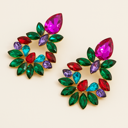 Pendientes de Cristales facetados grandes y brillantes · Multicolor Fucsia Verde Esmeralda