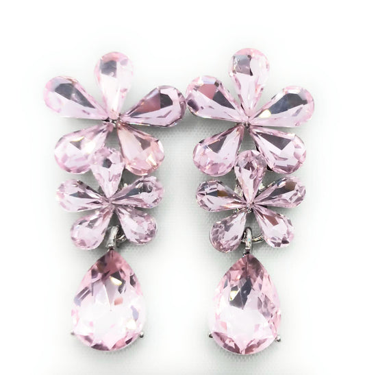 Pendientes Largos de Cristales Triple · Flores Rosa Claro Plata (última unidad!)