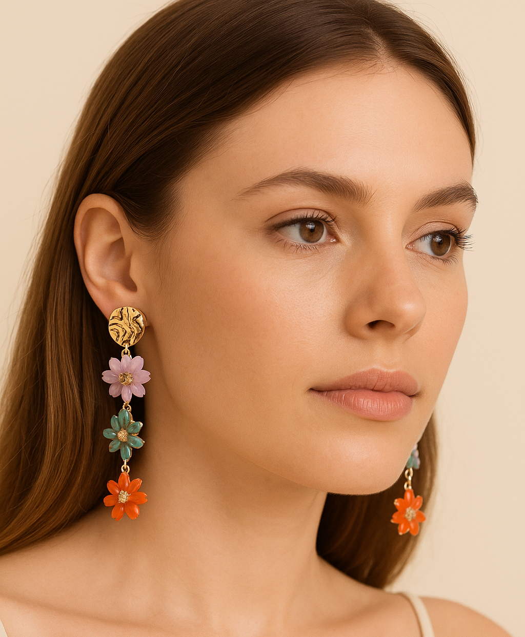 Pendientes Largos Triple Cristales Color · Flores Multicolor