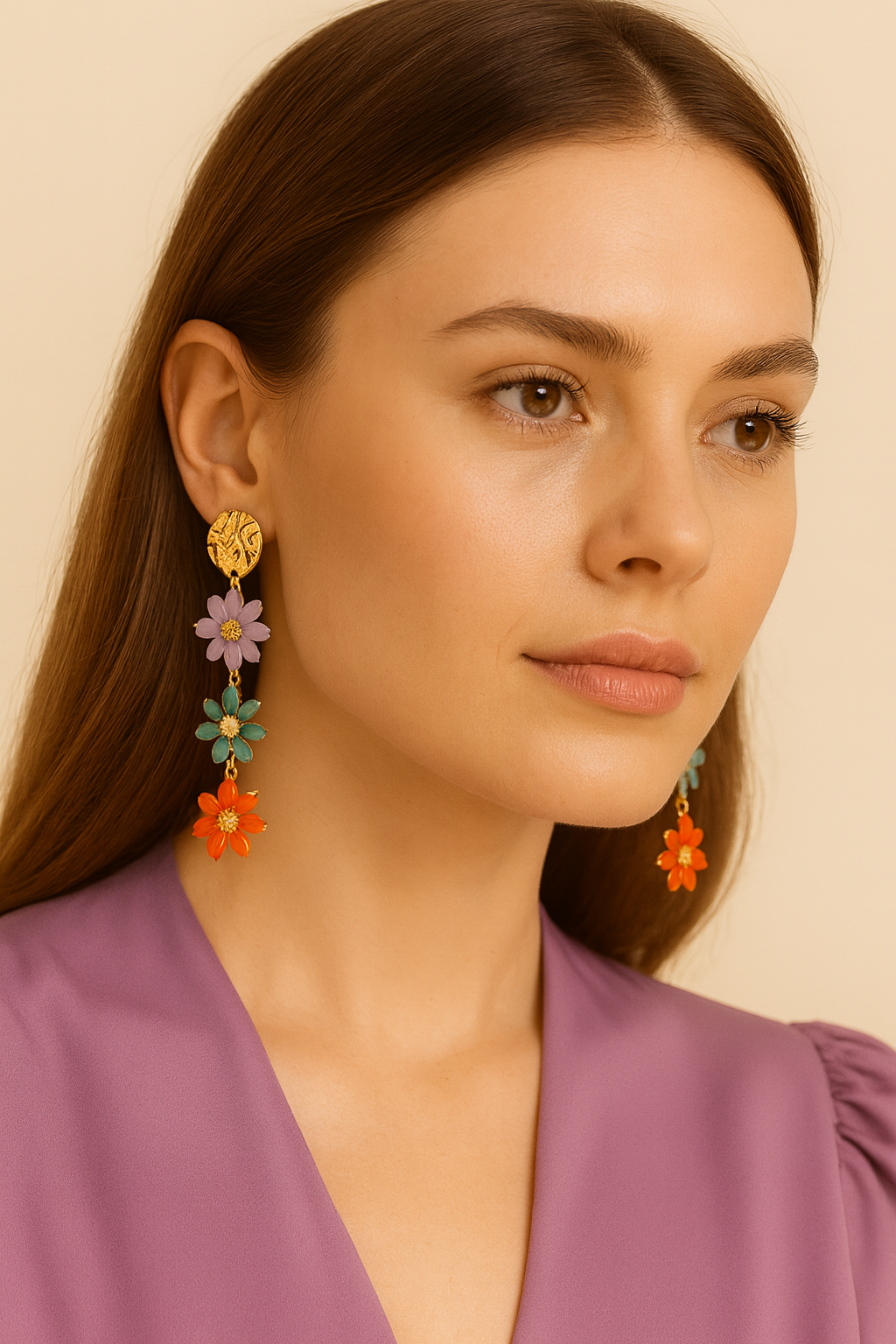 Pendientes Largos Triple Cristales Color · Flores Multicolor