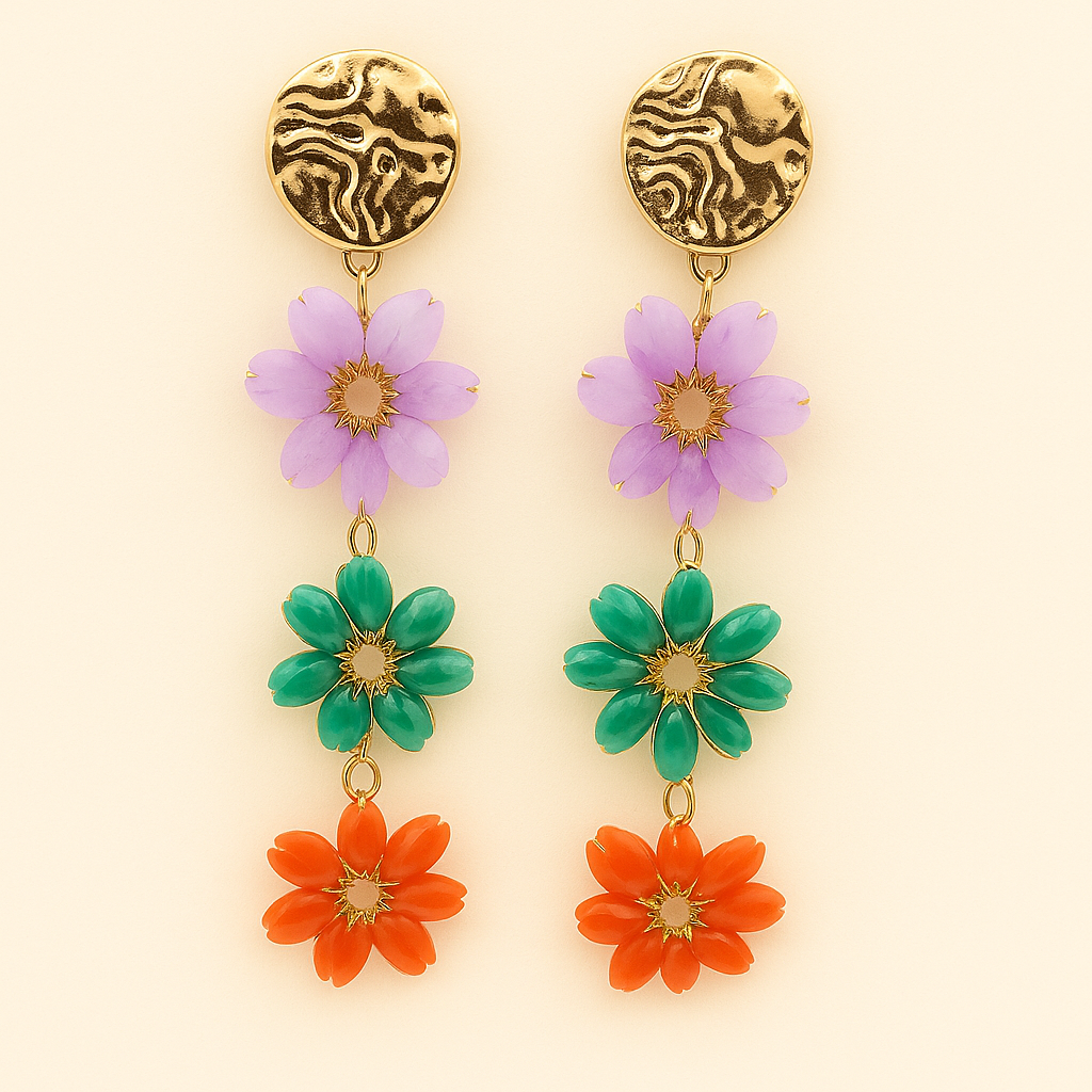 Pendientes Largos Triple Cristales Color · Flores Multicolor