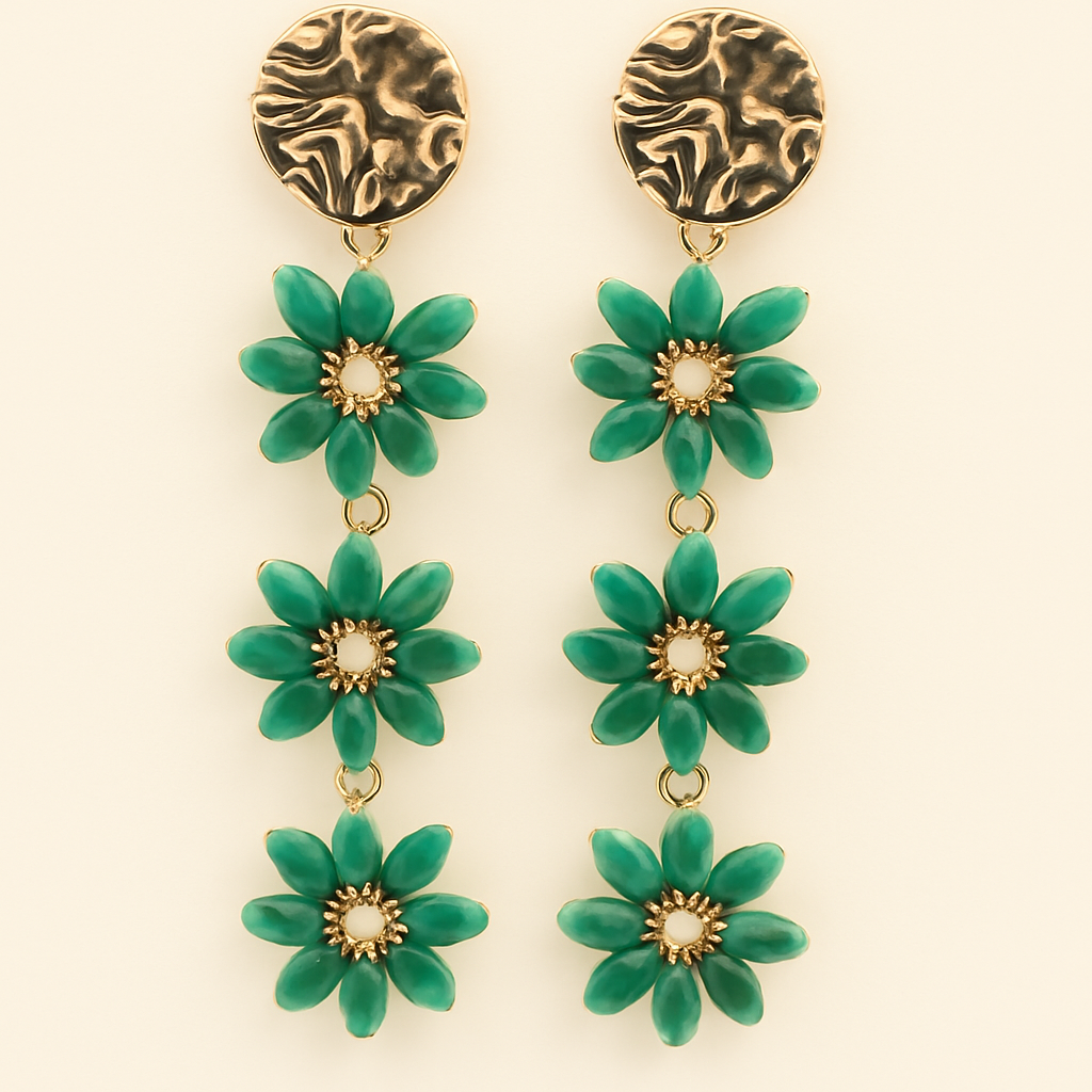 Pendientes Largos Triple Cristales Color · Flores Verde Esmeralda