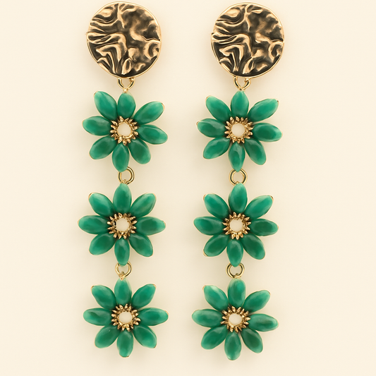 Pendientes Largos Triple Cristales Color · Flores Verde Esmeralda