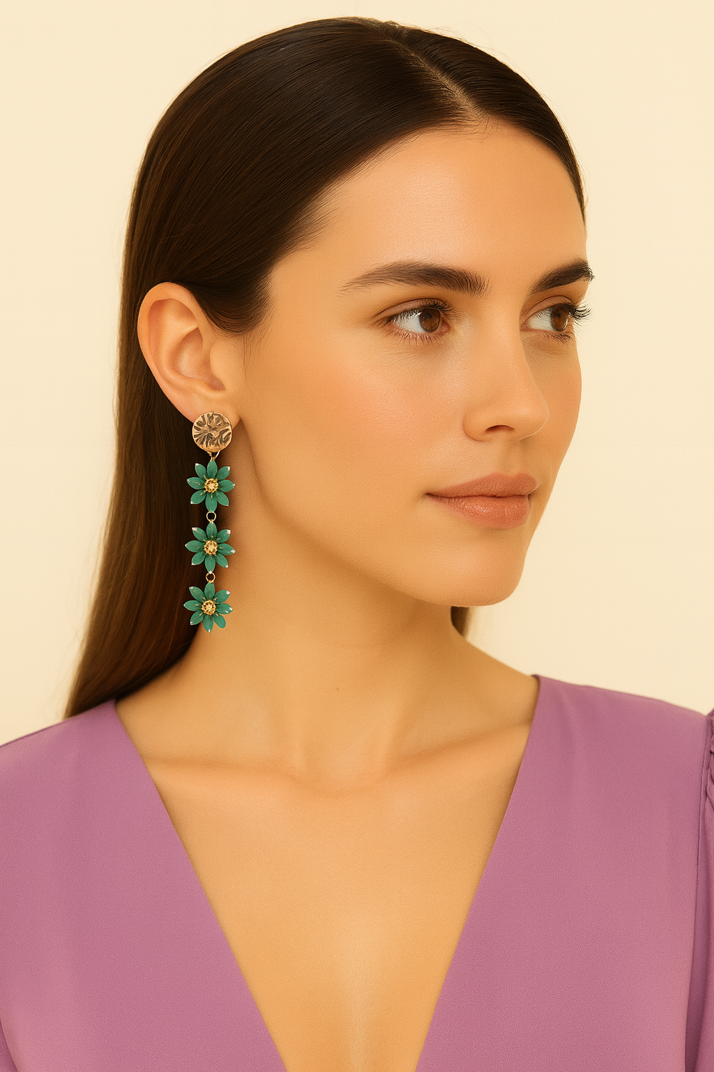 Pendientes Largos Triple Cristales Color · Flores Verde Esmeralda