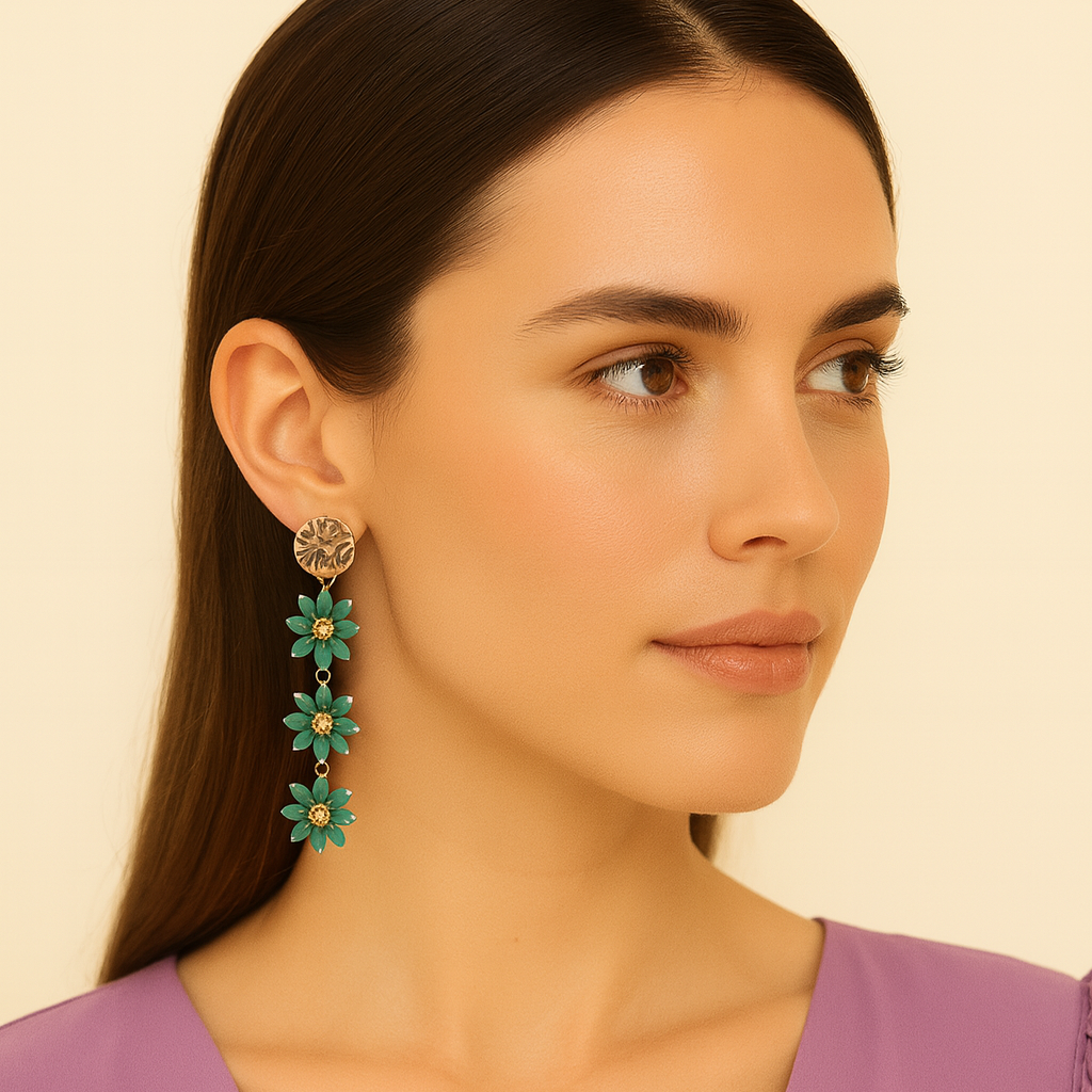 Pendientes Largos Triple Cristales Color · Flores Verde Esmeralda