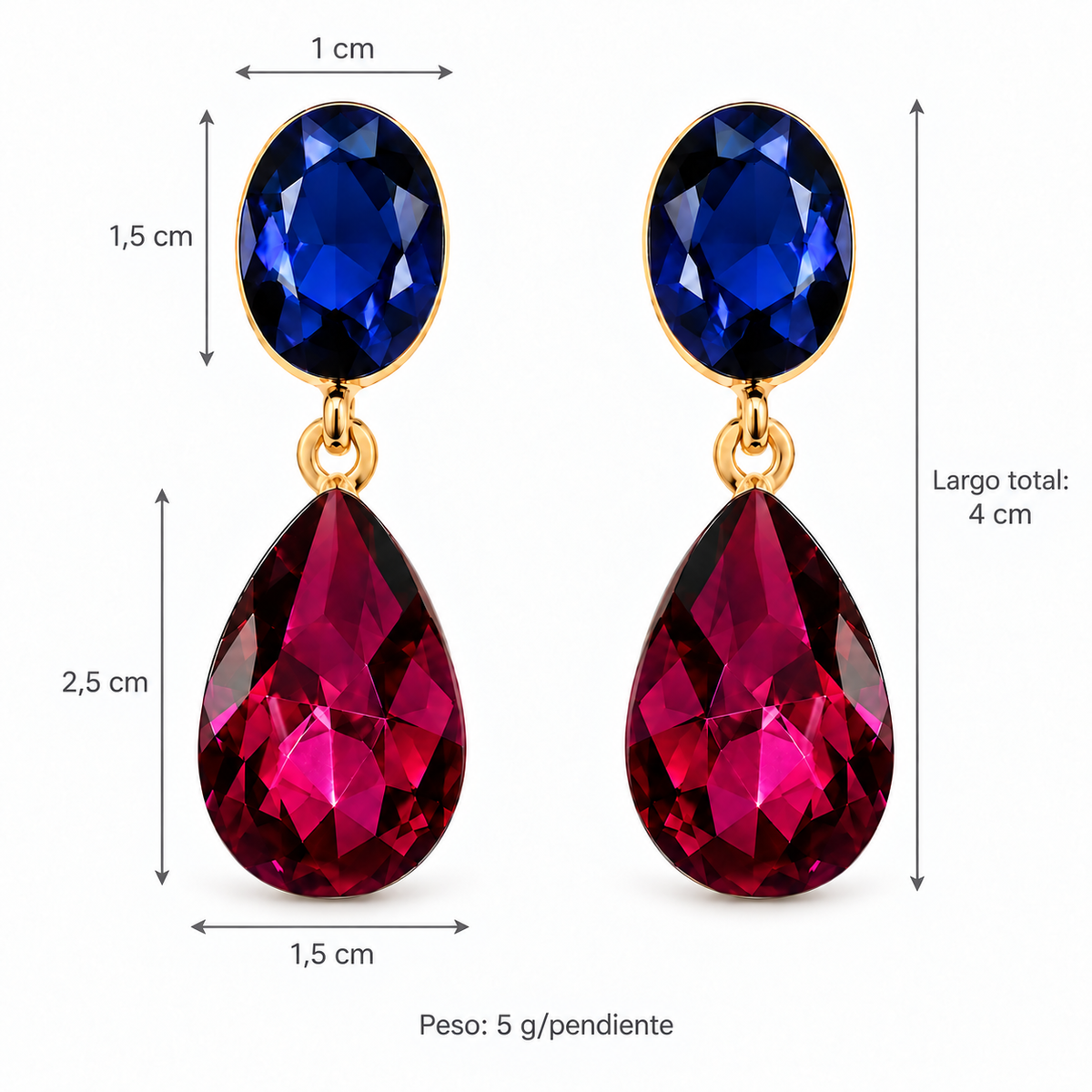 Pendientes Cristales Brillantes Lágrima · Azul Fucsia