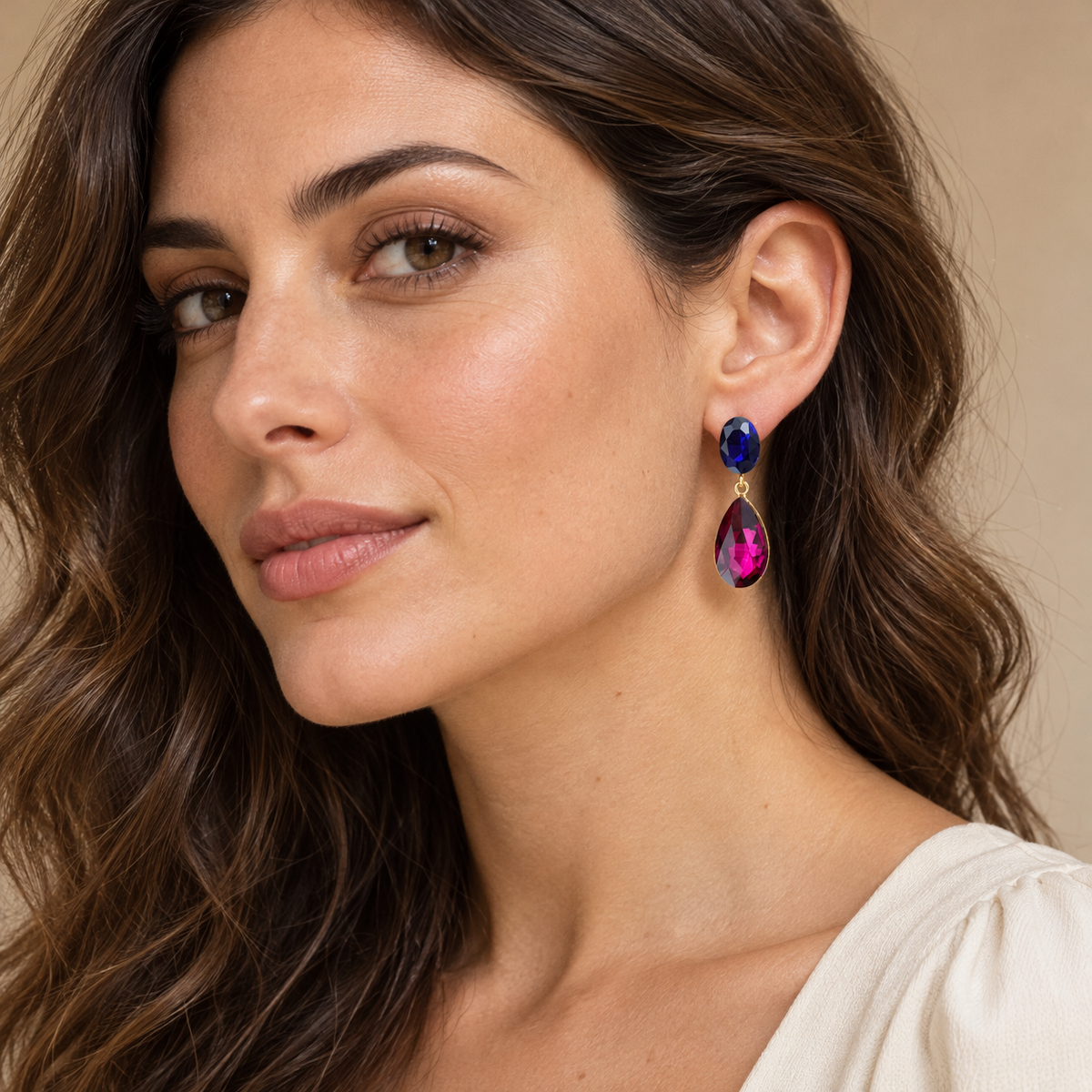 Pendientes Cristales Brillantes Lágrima · Azul Fucsia
