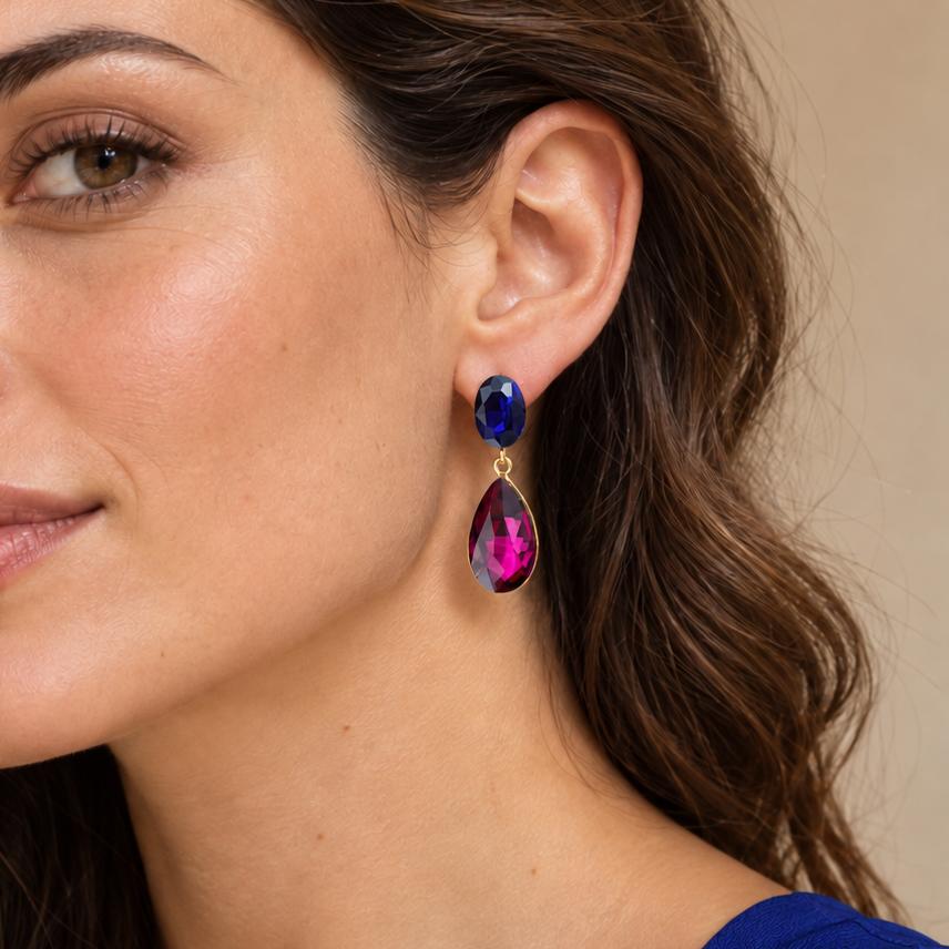 Pendientes Cristales Brillantes Lágrima · Azul Fucsia