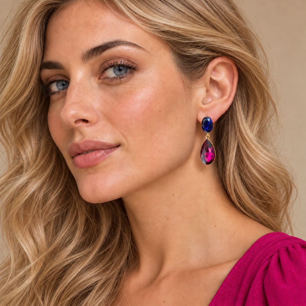 Pendientes Cristales Brillantes Lágrima · Azul Fucsia