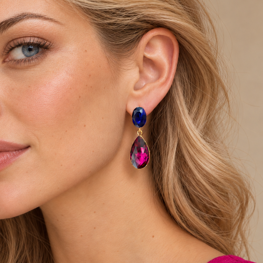 Pendientes Cristales Brillantes Lágrima · Azul Fucsia