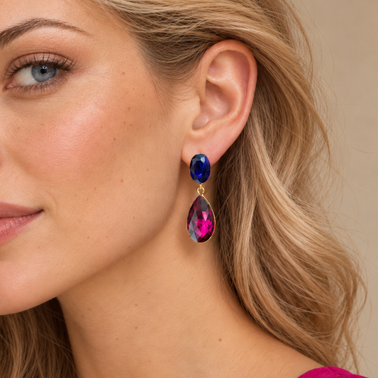 Pendientes Cristales Brillantes Lágrima · Azul Fucsia