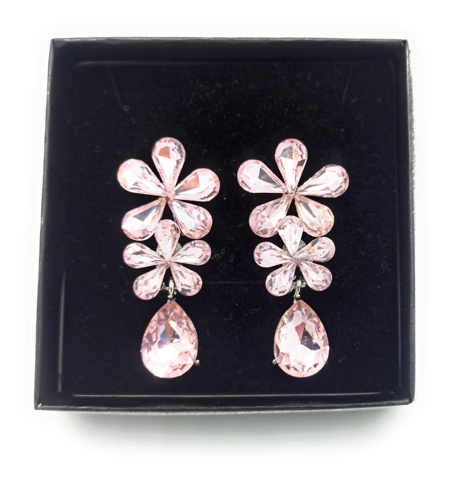 Pendientes Largos de Cristales Triple · Flores Rosa Claro Plata (última unidad!)