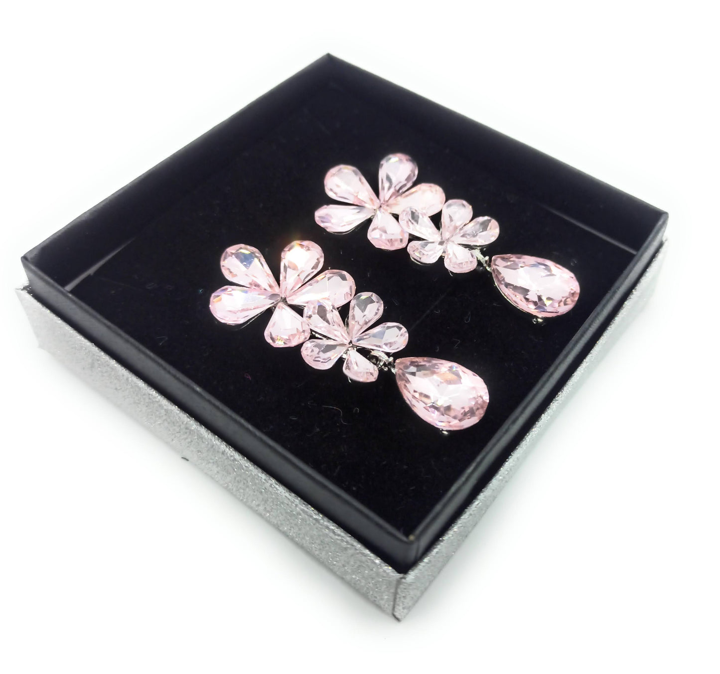 Pendientes Largos de Cristales Triple · Flores Rosa Claro Plata (última unidad!)
