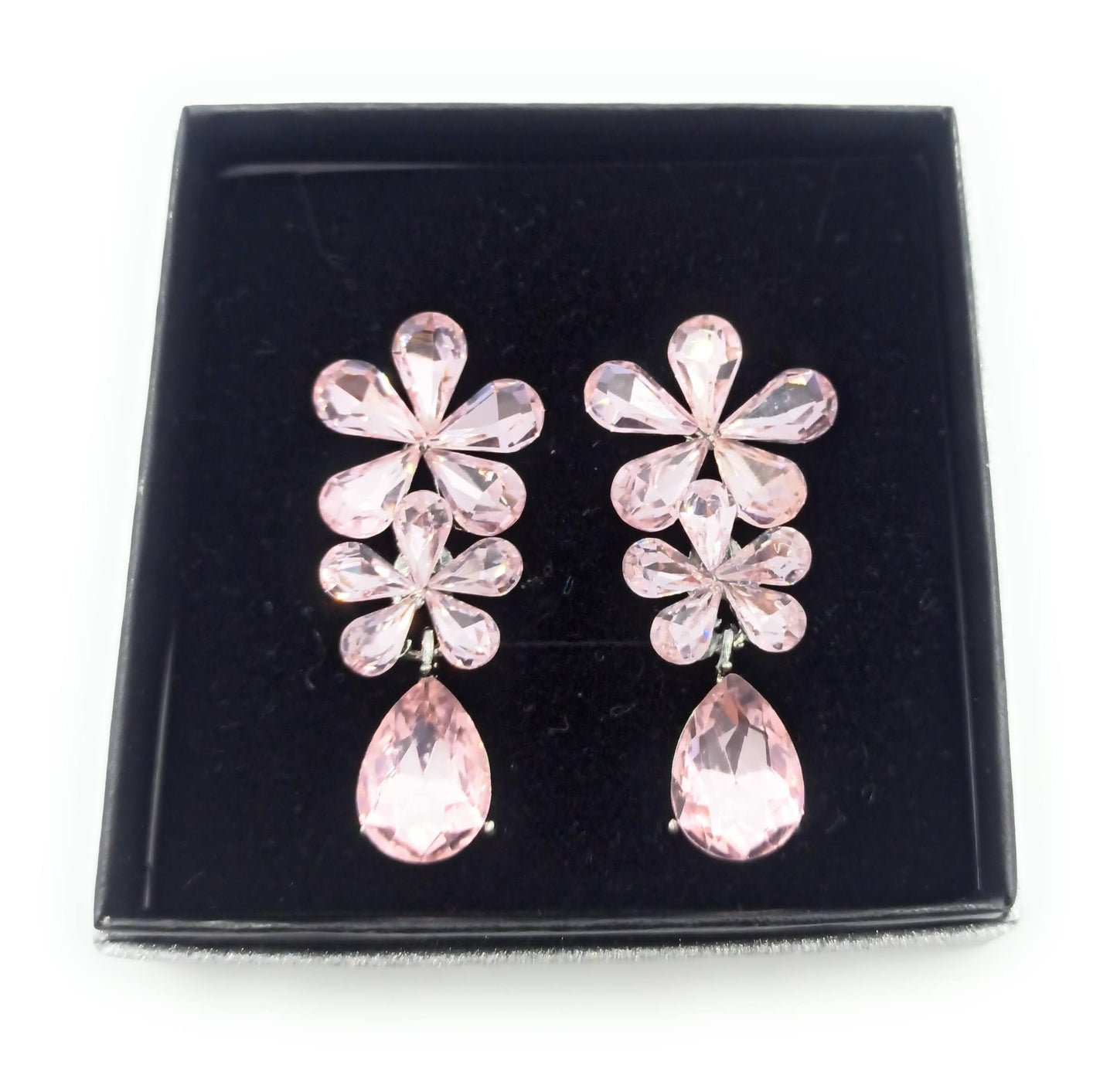 Pendientes Largos de Cristales Triple · Flores Rosa Claro Plata (última unidad!)