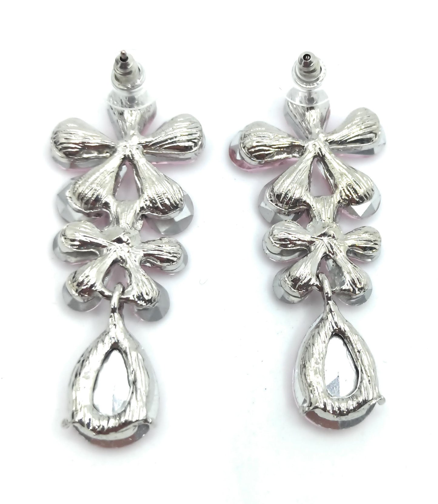 Pendientes Largos de Cristales Triple · Flores Rosa Claro Plata (última unidad!)