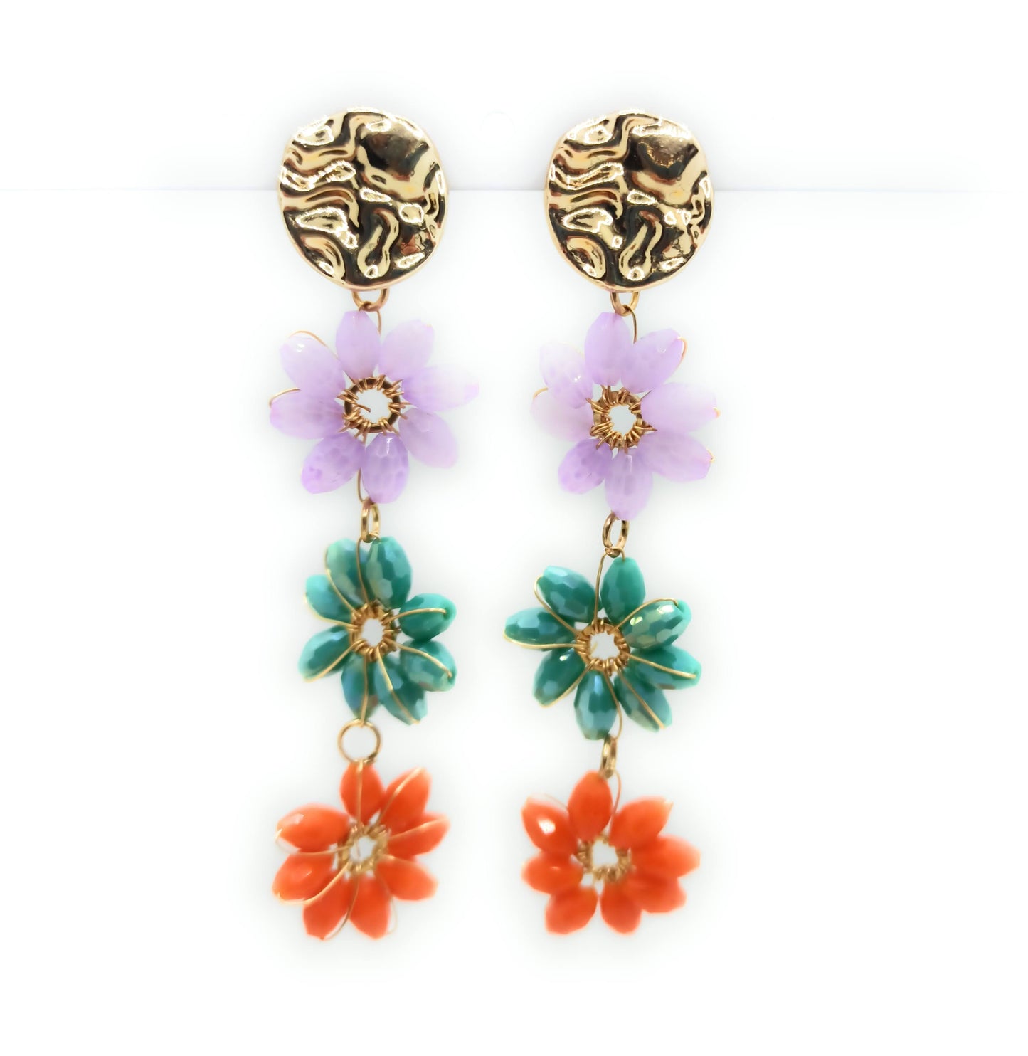 Pendientes Largos Triple Cristales Color · Flores Multicolor