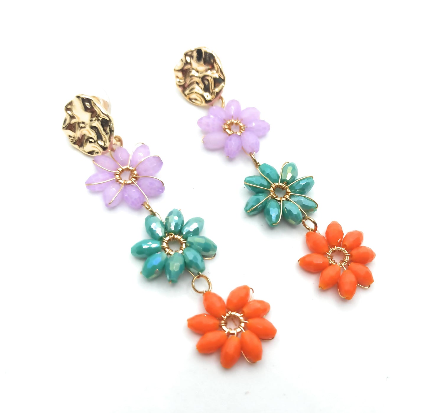 Pendientes Largos Triple Cristales Color · Flores Multicolor