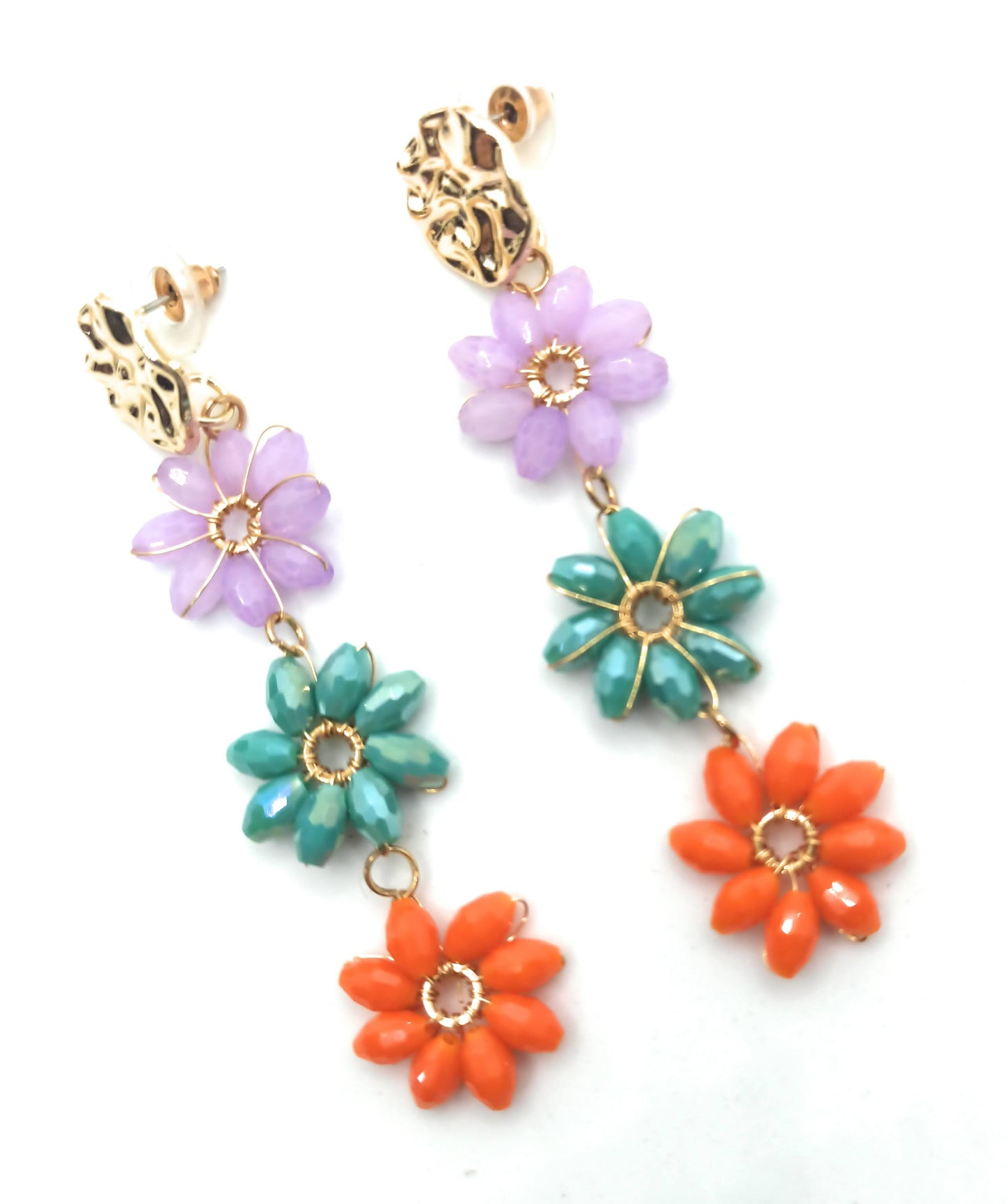 Pendientes Largos Triple Cristales Color · Flores Multicolor