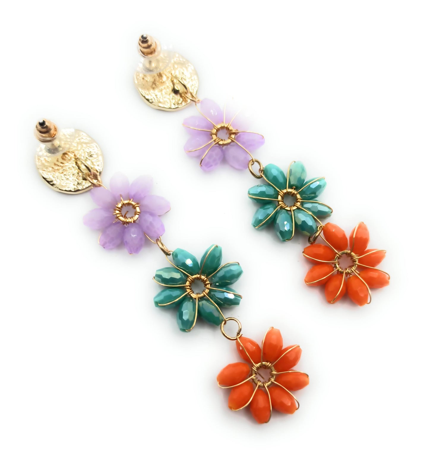 Pendientes Largos Triple Cristales Color · Flores Multicolor