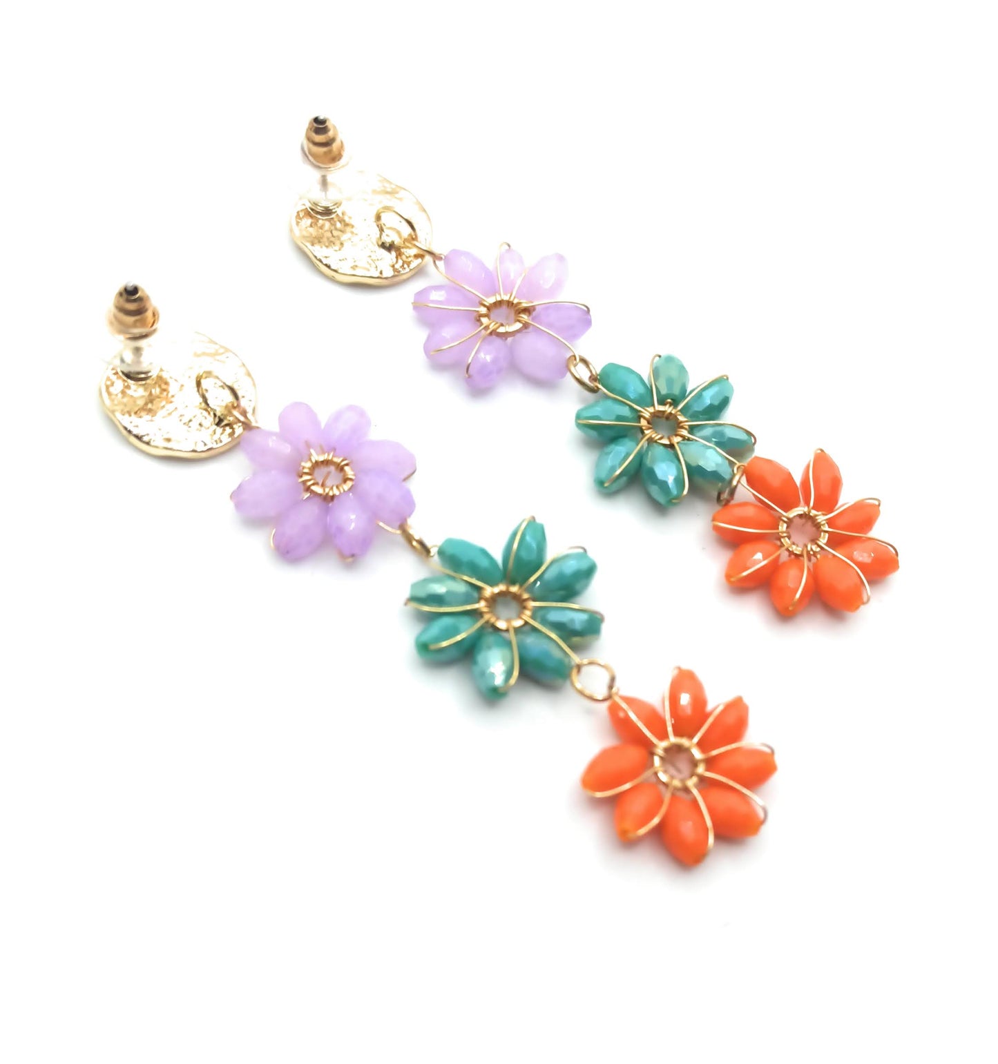 Pendientes Largos Triple Cristales Color · Flores Multicolor