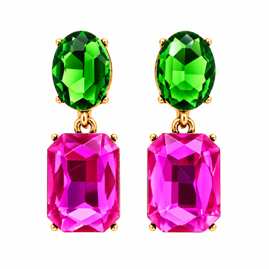 Funkelnde Ohrringe mit facettierten Kristallen · Waldgrünes Fuchsia