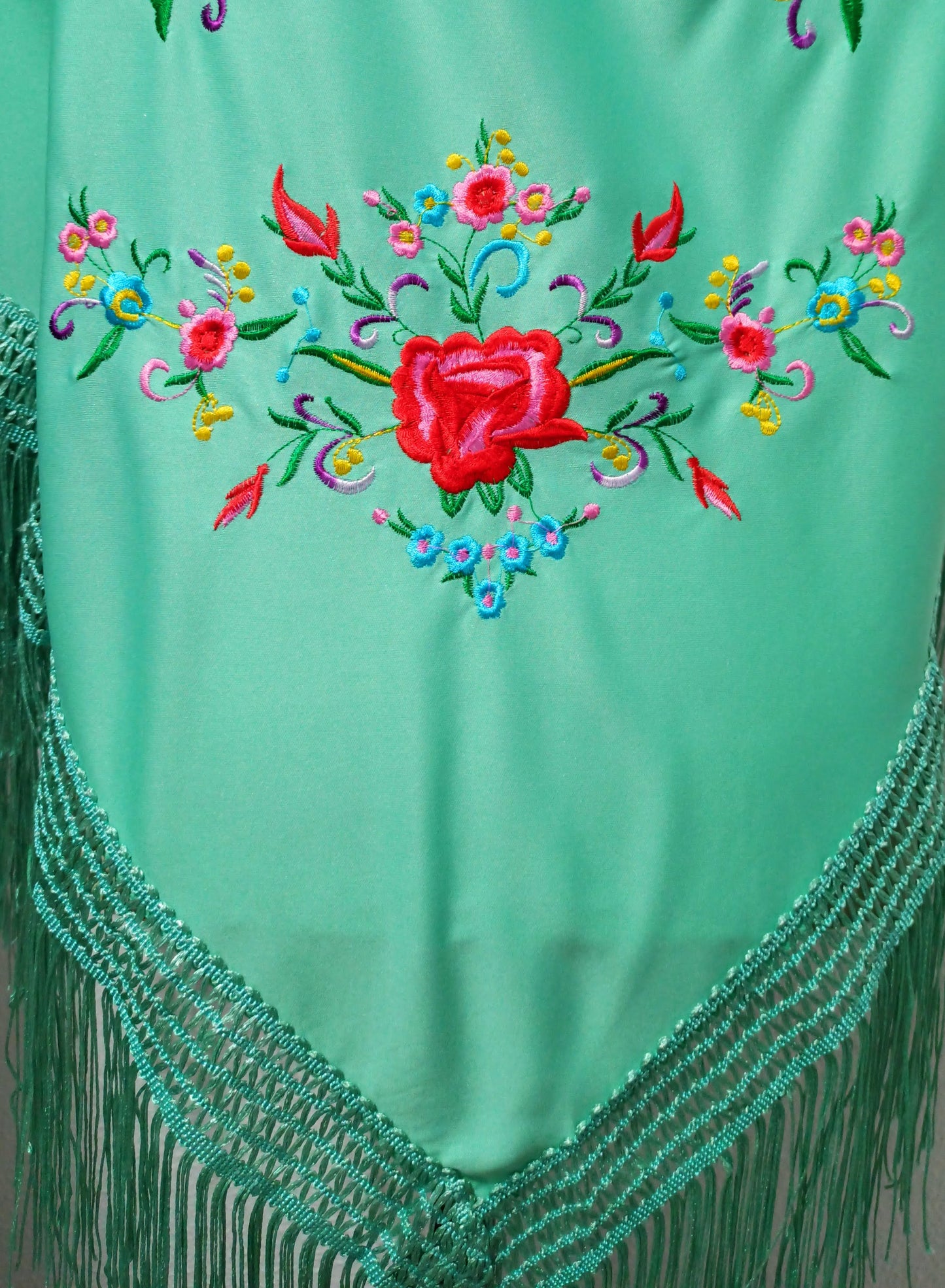 Mantón Flamenco Grande Bordado · Verde Agua Multicolor (175 x 85cm)