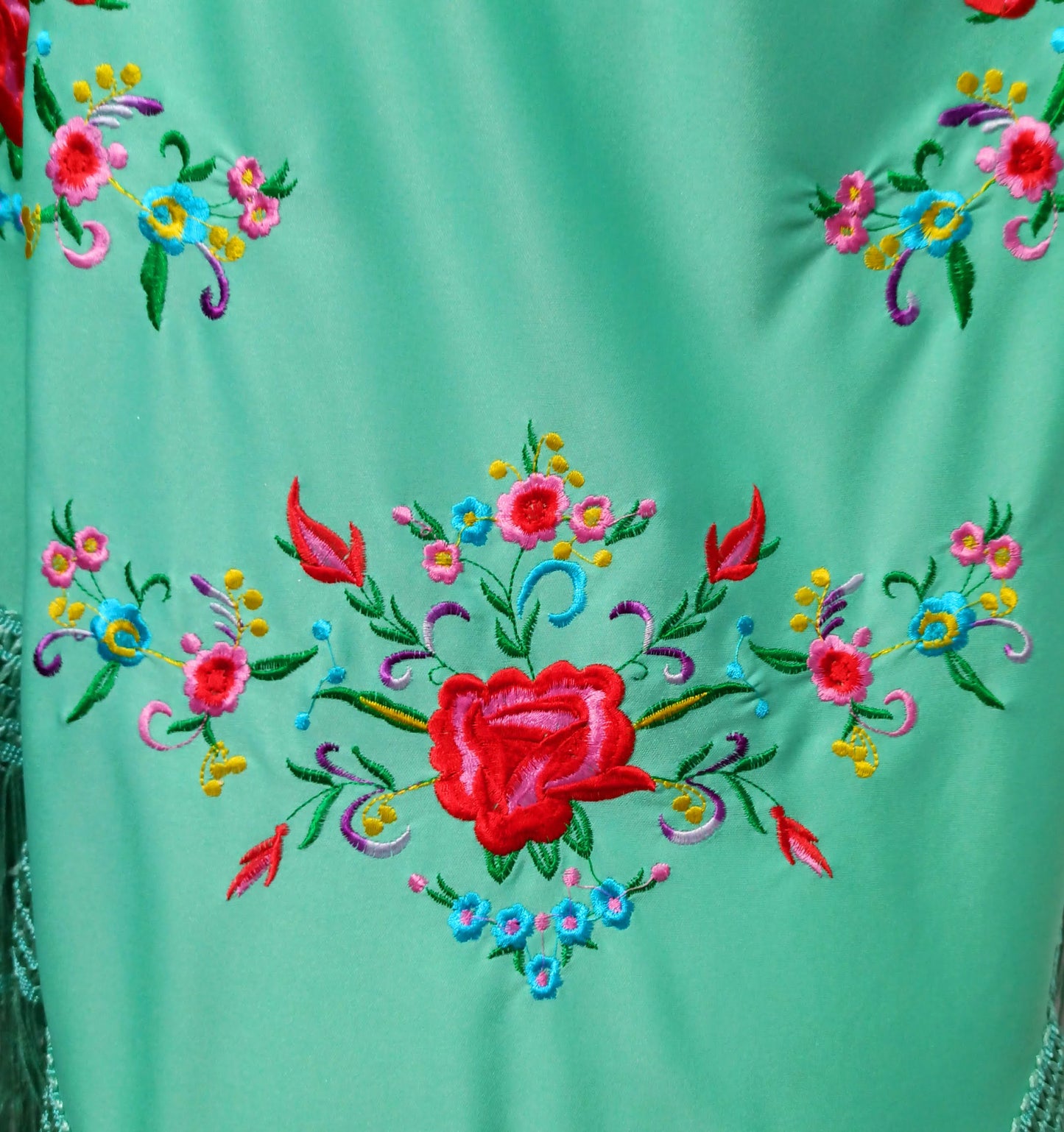 Mantón Flamenco Grande Bordado · Verde Agua Multicolor (175 x 85cm)