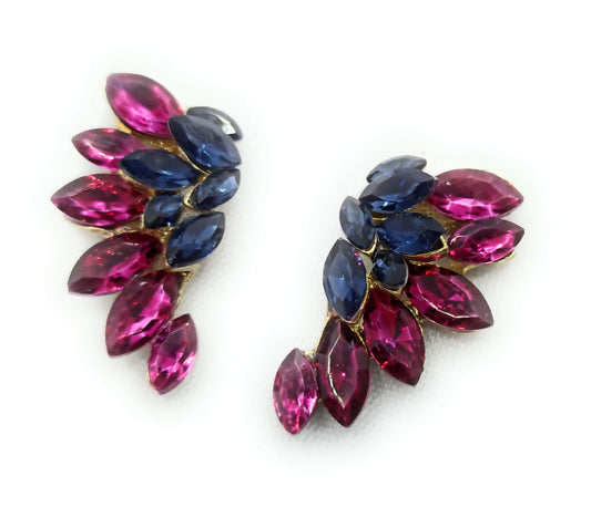 Pendientes Cristales Brillantes · Medio Aro Fucsia Azul
