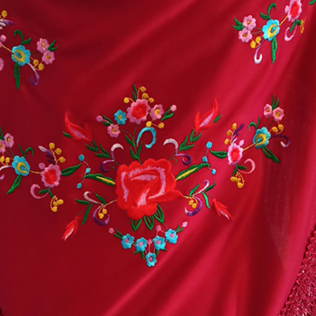 Mantón grande flamenco color rojo con bordado multicolor y flecos