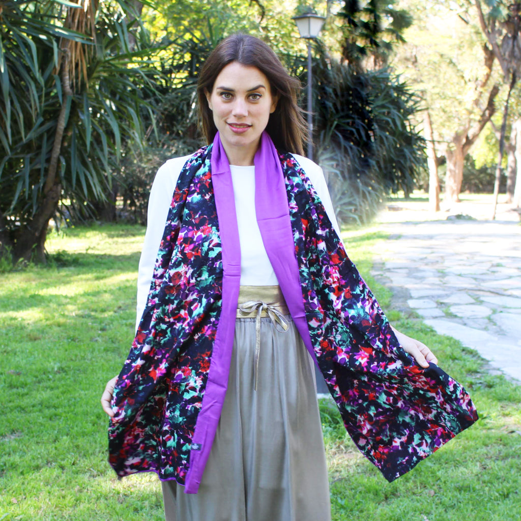 Chal grande estampado reversible · Floral / Morado (40x200cm)