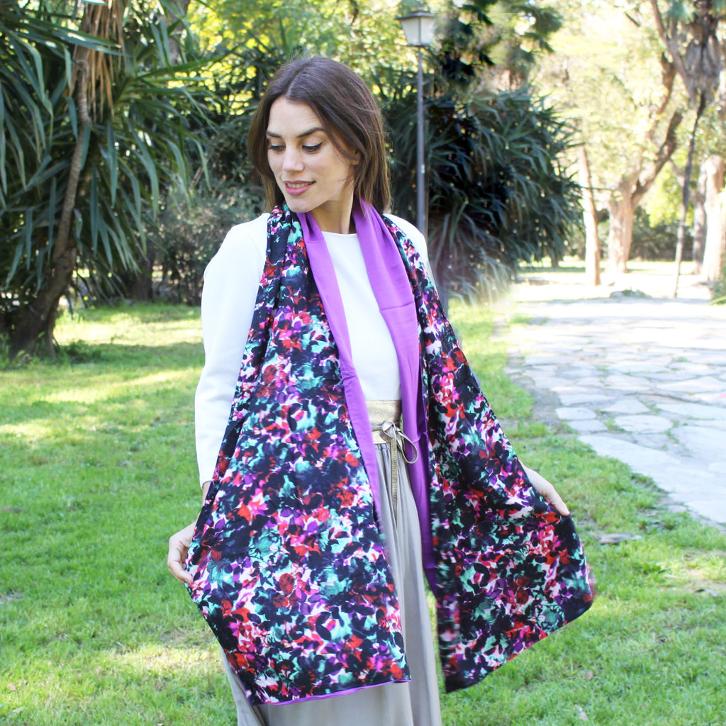Chal grande estampado reversible · Floral / Morado (40x200cm)